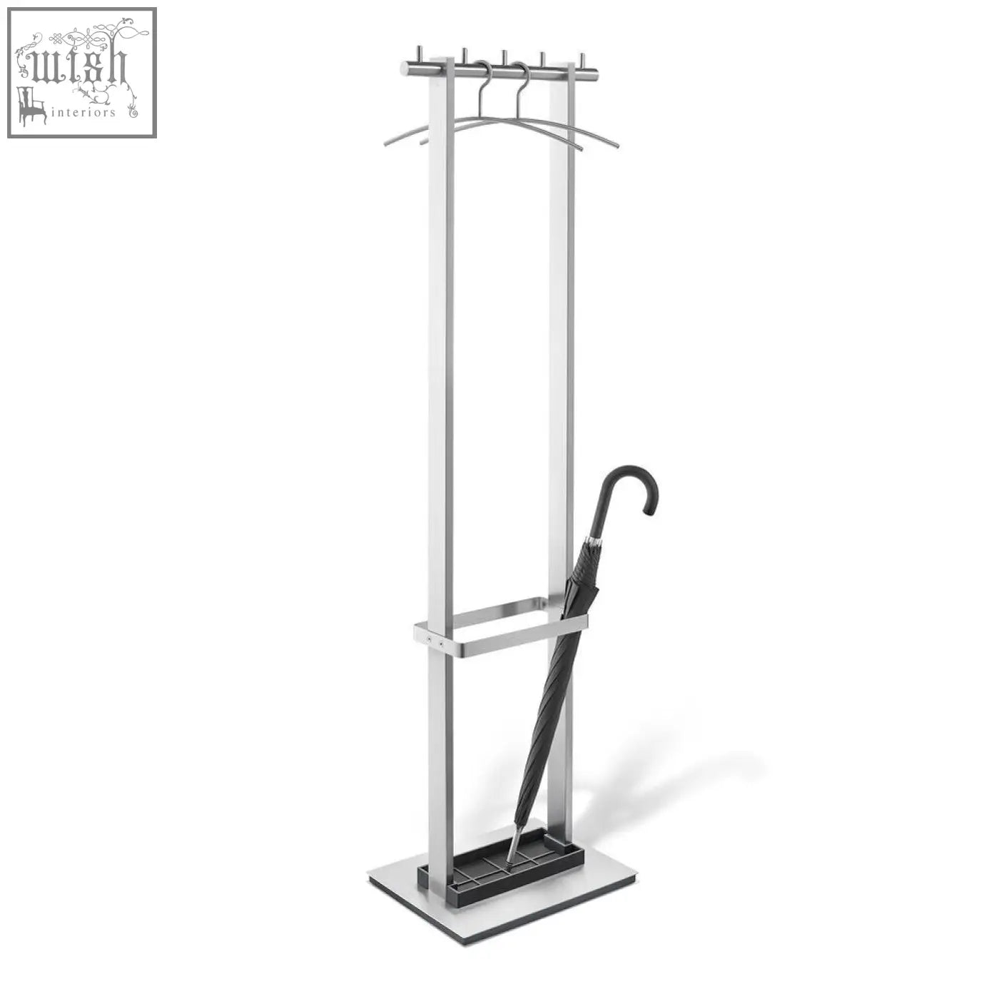 Modern silver metal coat stand with brushed stainless steel finish four hooks and integrated umbrella holder