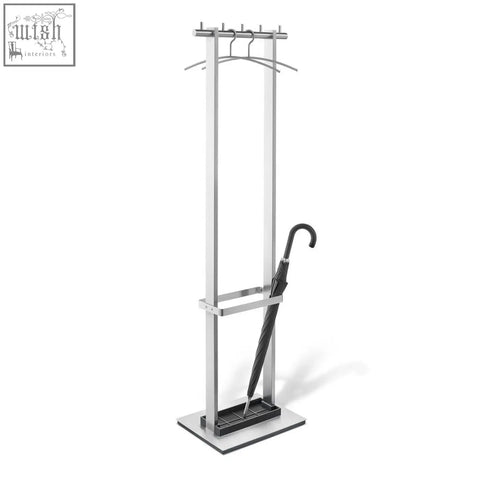 Modern silver metal coat stand with brushed stainless steel finish four hooks and integrated umbrella holder