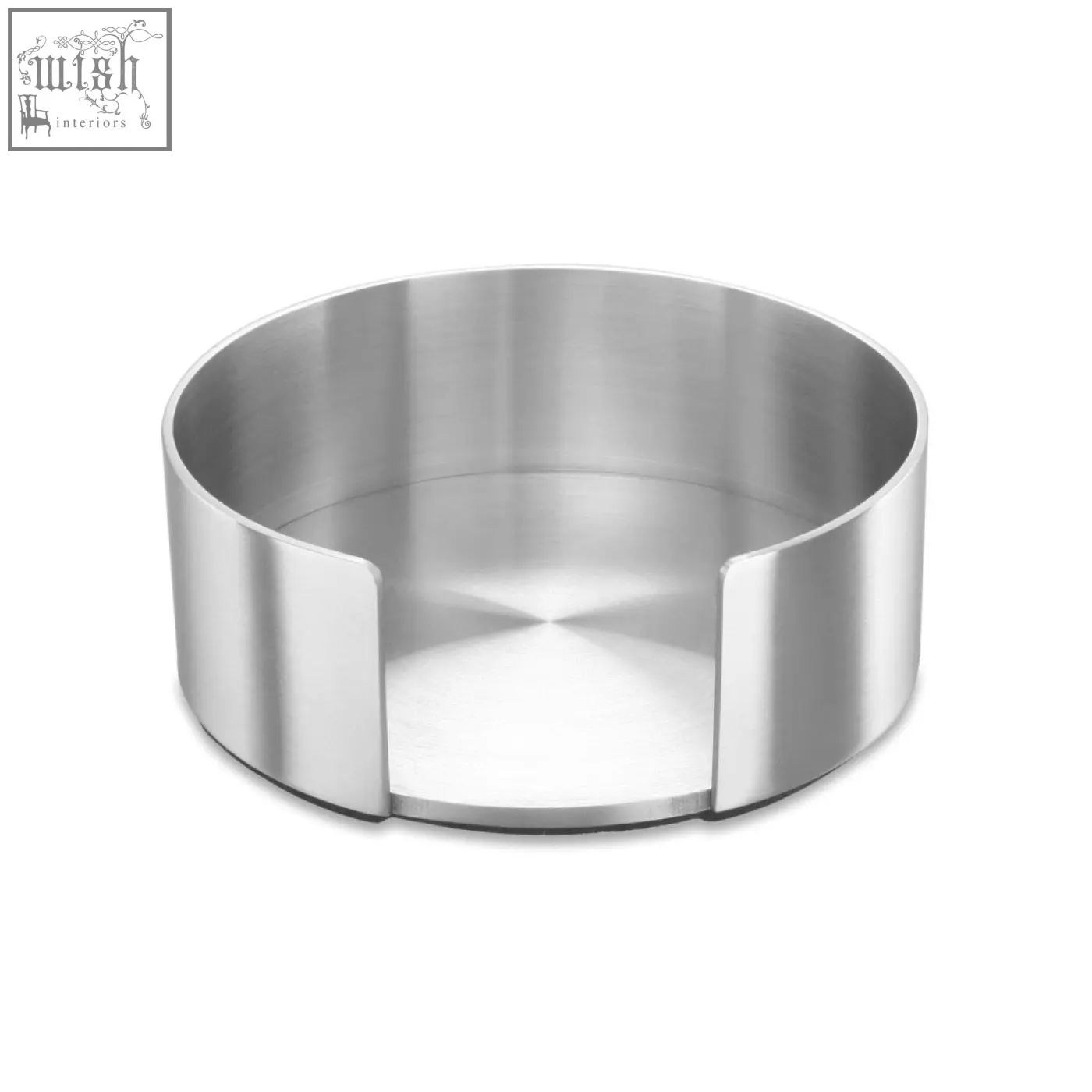 A sleek stainless steel coaster with a brushed steel stand and central cutout from zack vetro set of 6