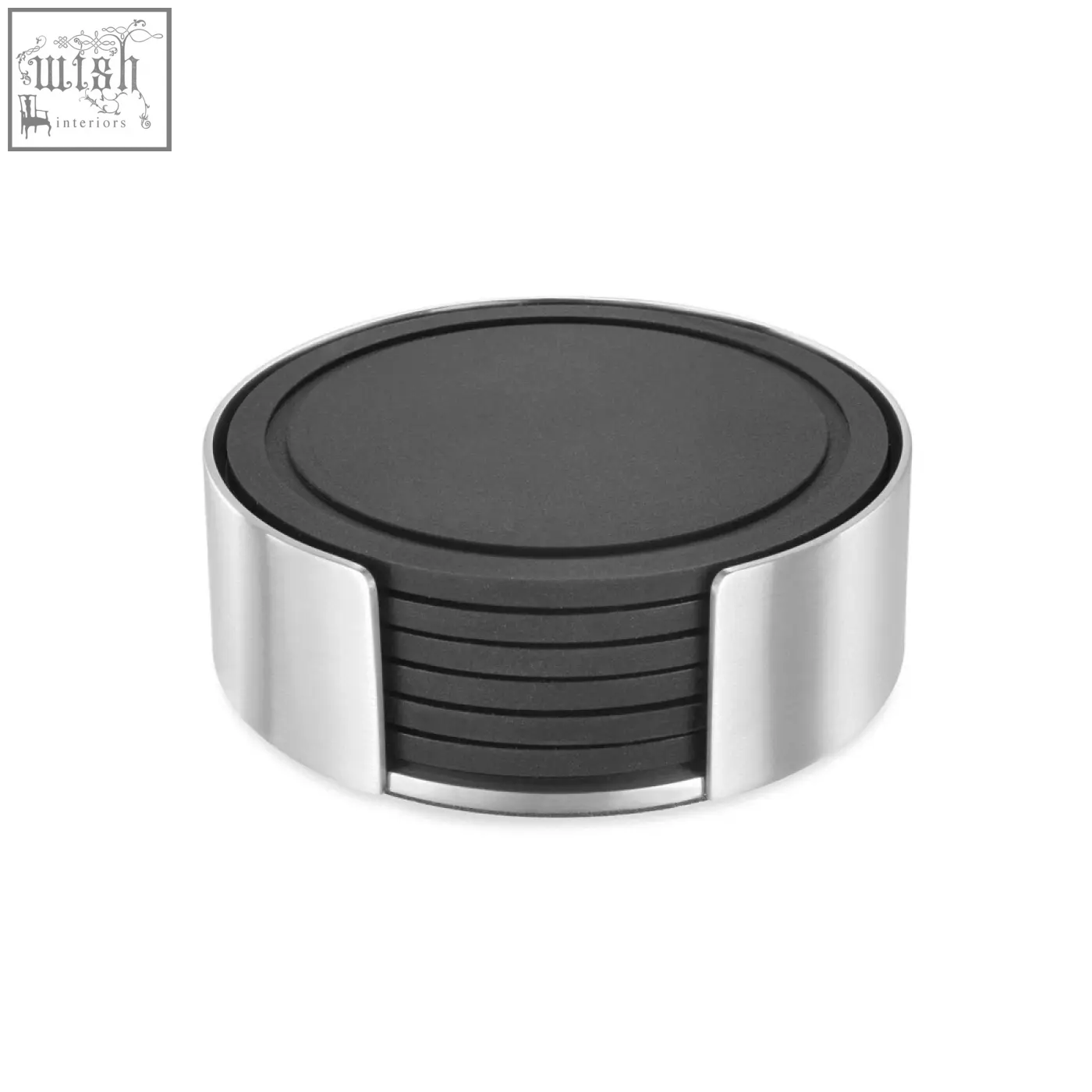 Set of six black silicone coasters with a brushed steel stand in a sleek stainless steel holder for stylish use