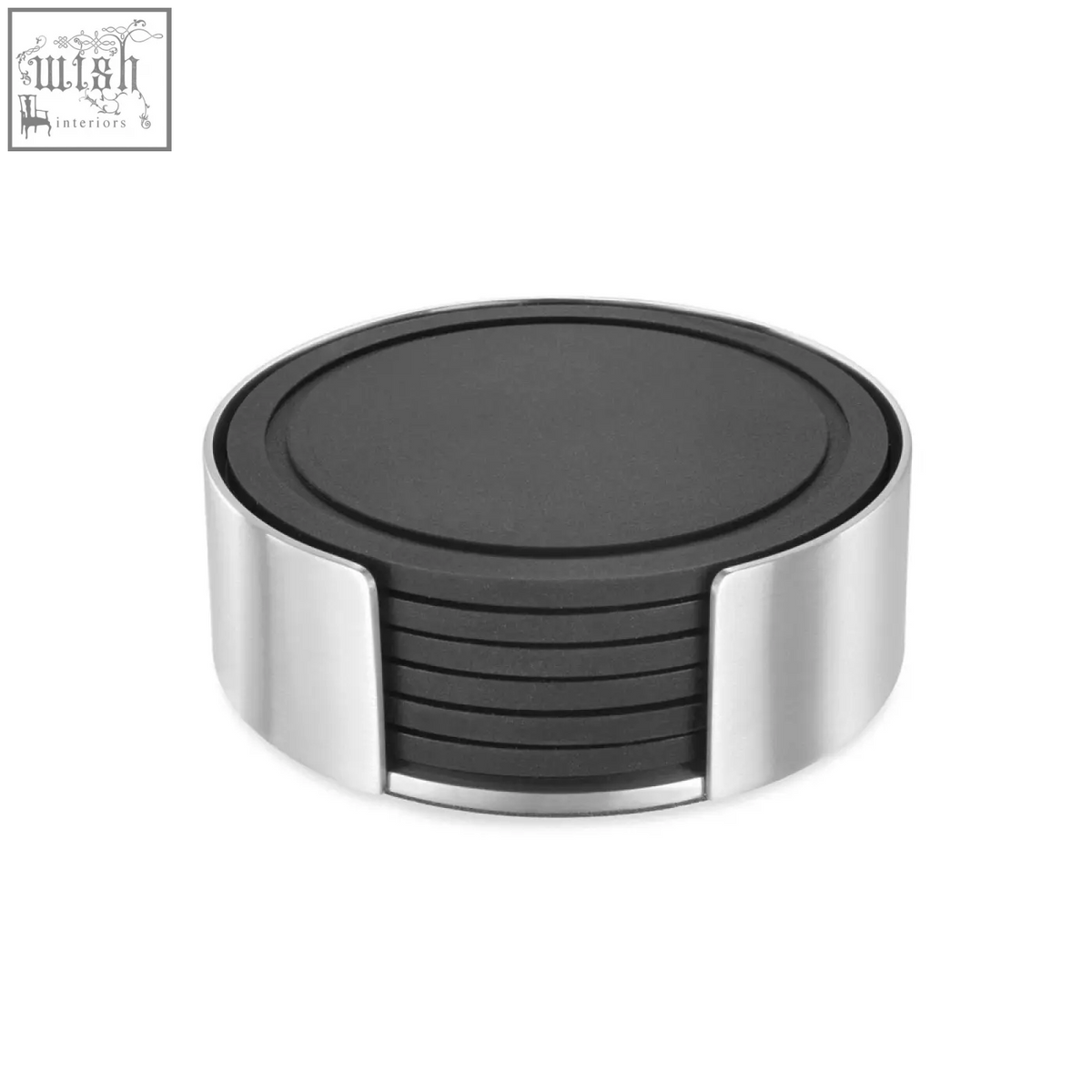 Set of six black silicone coasters with a brushed steel stand in a sleek stainless steel holder for stylish use