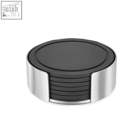 Set of six black silicone coasters with a brushed steel stand in a sleek stainless steel holder for stylish use