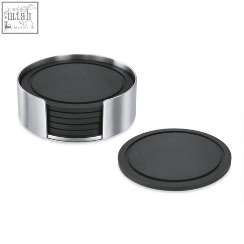 Black silicone coaster set with 6 pieces in sleek brushed steel stand by Zack Vetro for stylish drink protection
