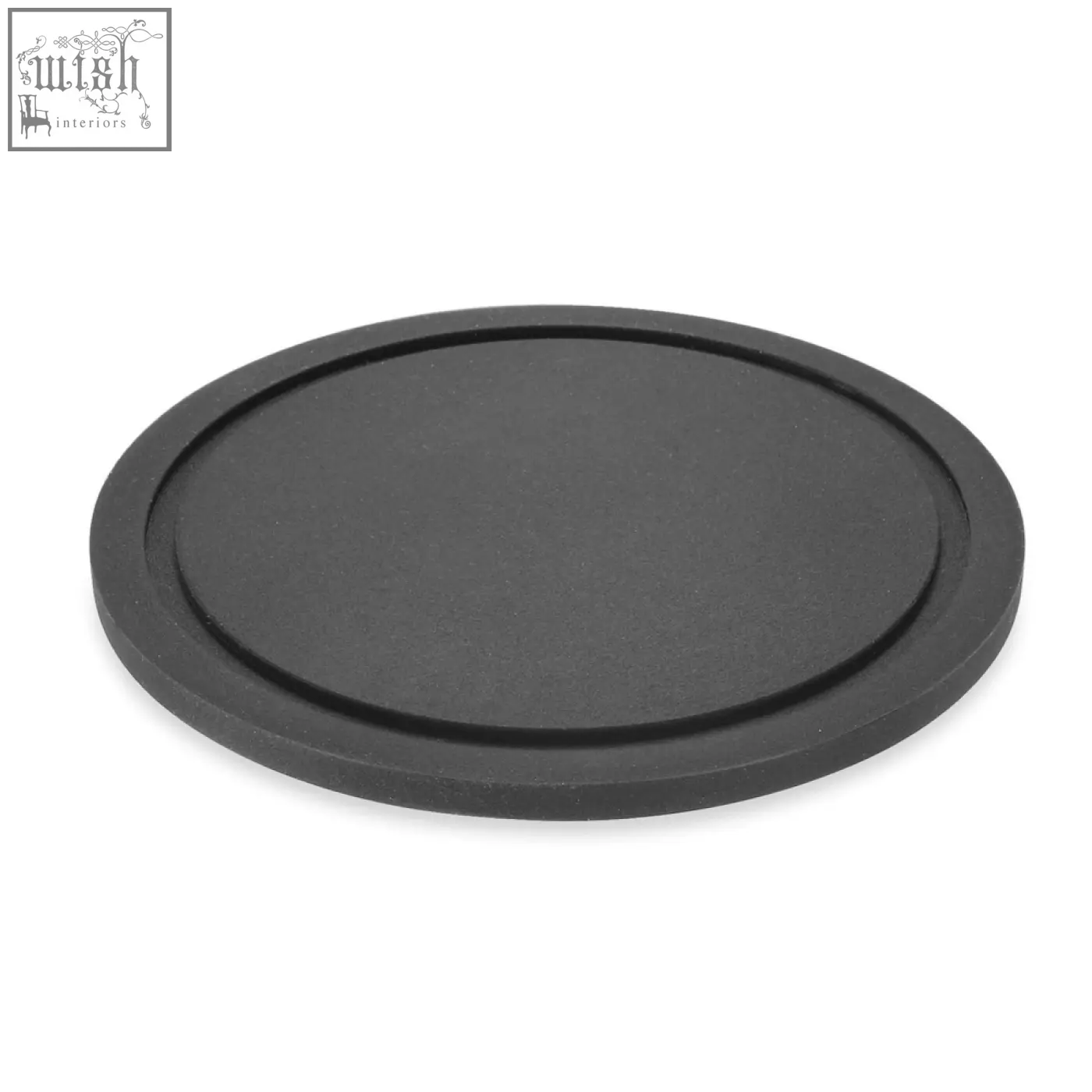 Black circular silicone coaster with raised rim from zack vetro set featuring brushed steel stand for stylish use