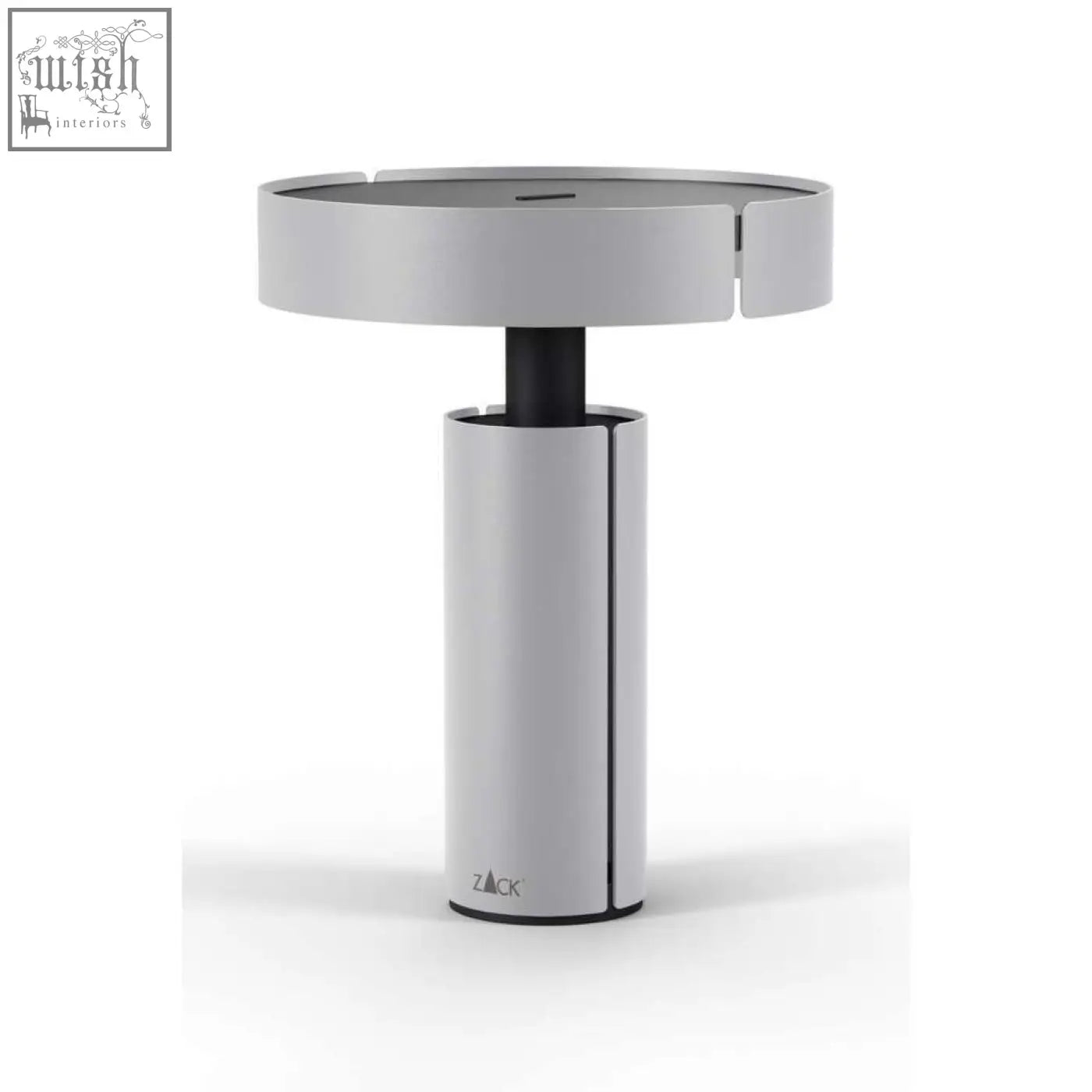 Silver rechargeable stainless steel led table lamp with sleek modern design and black central column by Zack Yaro