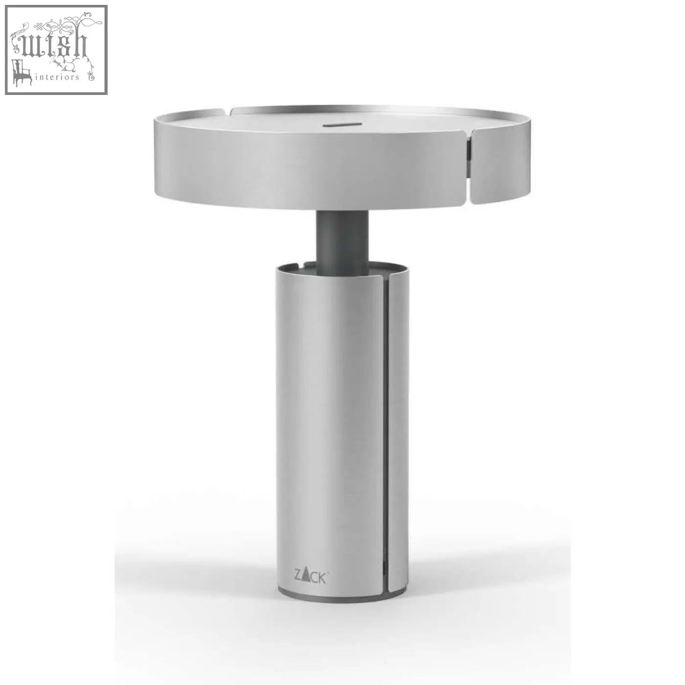 Silver rechargeable stainless steel led table lamp with sleek modern design and zack engraving on base