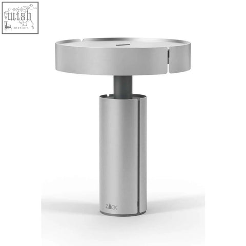 Silver rechargeable stainless steel led table lamp with sleek modern design and zack engraving on base