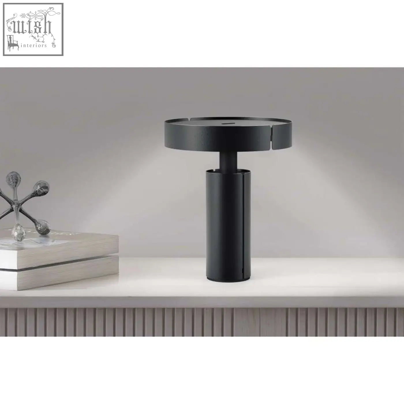 Black cylindrical led table lamp with matte finish and stainless steel design by Zack Yaro premium rechargeable model