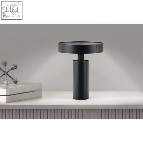 Black cylindrical led table lamp with matte finish and stainless steel design by Zack Yaro premium rechargeable model