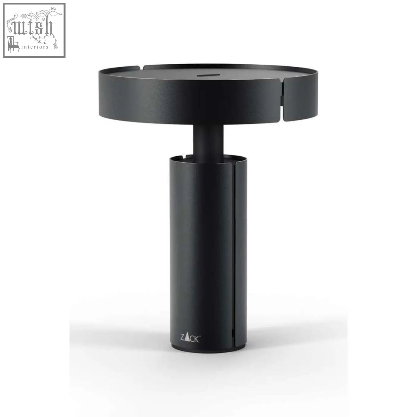 Black cylindrical led table lamp with sleek stainless steel design and zack brand engraving on its base