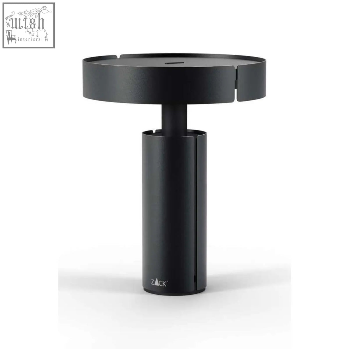 Black cylindrical led table lamp with sleek stainless steel design and zack brand engraving on its base