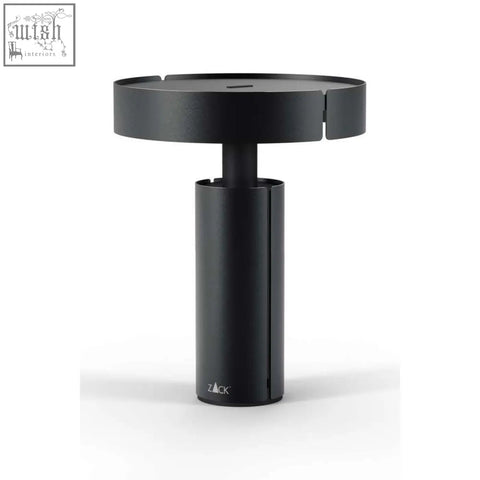 Black cylindrical led table lamp with sleek stainless steel design and zack brand engraving on its base