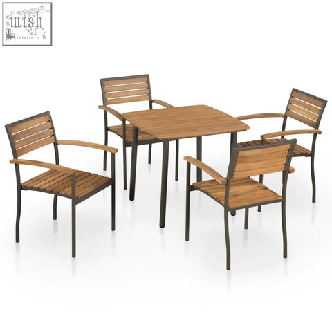 Set of four garden dining chairs with dark metal frames and solid acacia wood slats in light brown