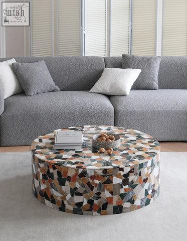 Circular zahra modern coffee table with multicolored marble mosaic design in earthy tones perfect for living rooms