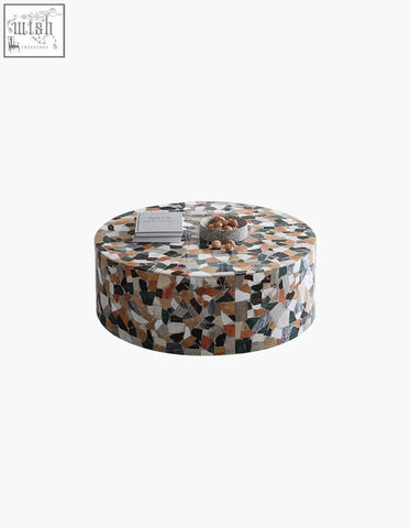 Zahra modern coffee table with circular mosaic marble surface in black white beige and brown tones and low shipping cost