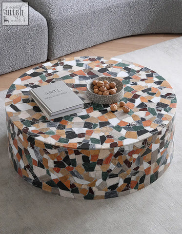 Circular marble zahra modern coffee table with vibrant multicolored mosaic tiles and unique irregular shapes
