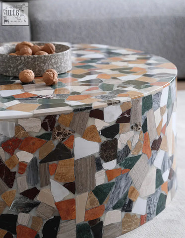 Round coffee table with colorful mosaic marble surface in earthy tones from zahra modern coffee collection with low shipping cost