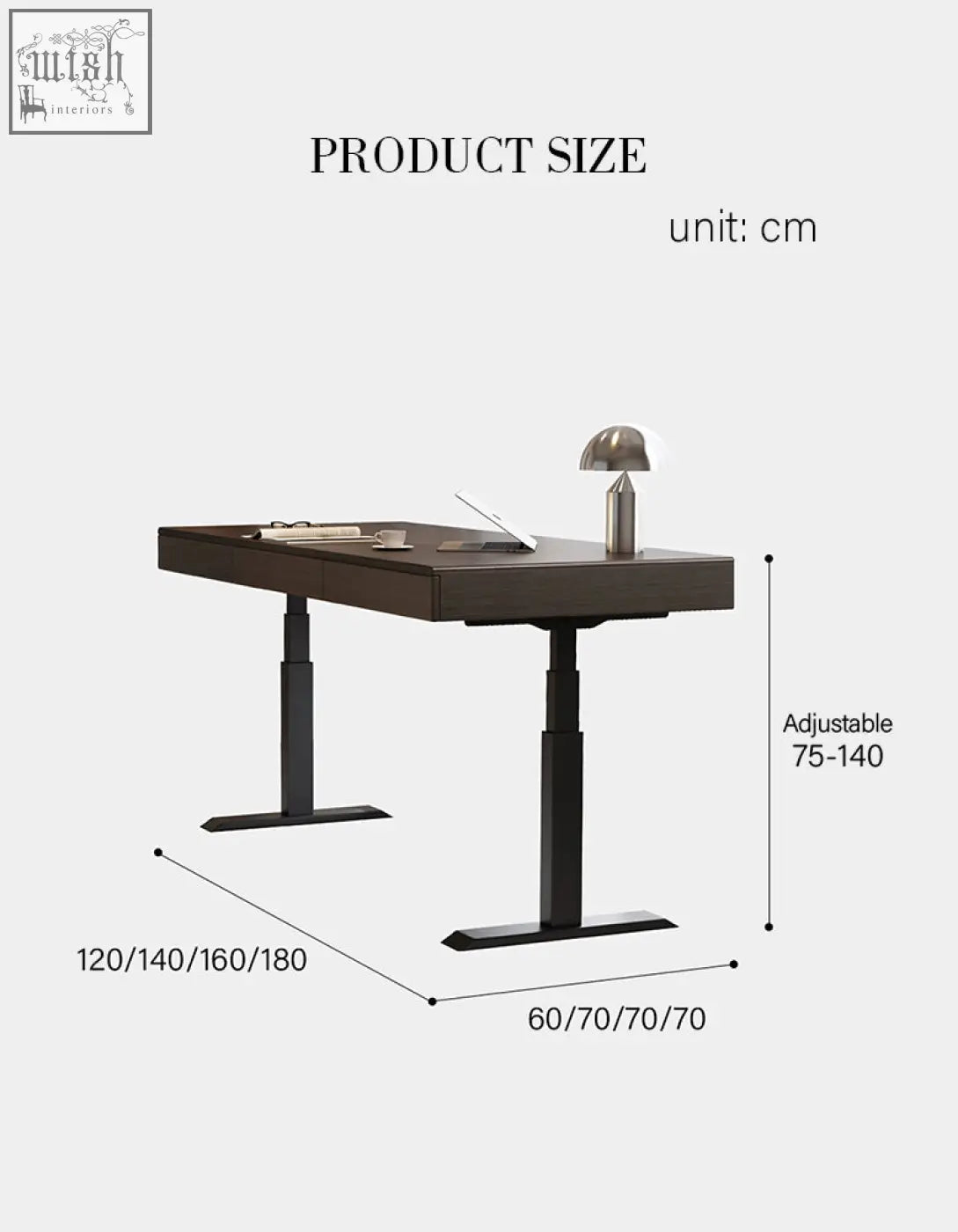 Zain electric standing office desk with adjustable height solid wood dark wood top and black metal legs