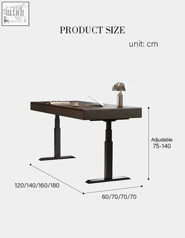 Zain electric standing office desk with adjustable height solid wood dark wood top and black metal legs