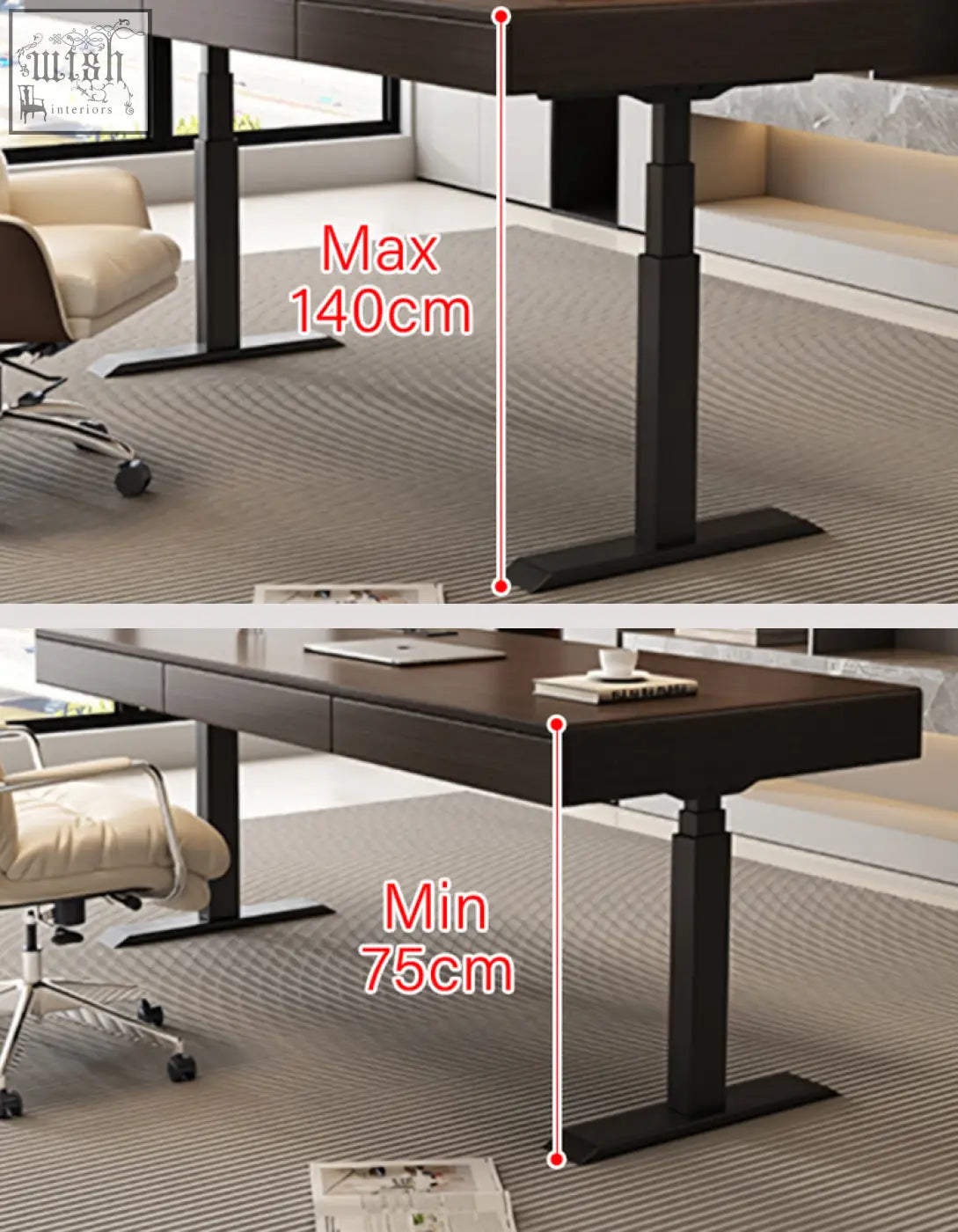 Zain electric standing office desk with storage featuring adjustable height black metal legs and solid wood dark finish
