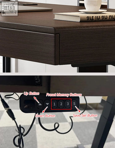 Black electronic control panel with height adjustment and memory buttons on zain electric standing solid wood office desk