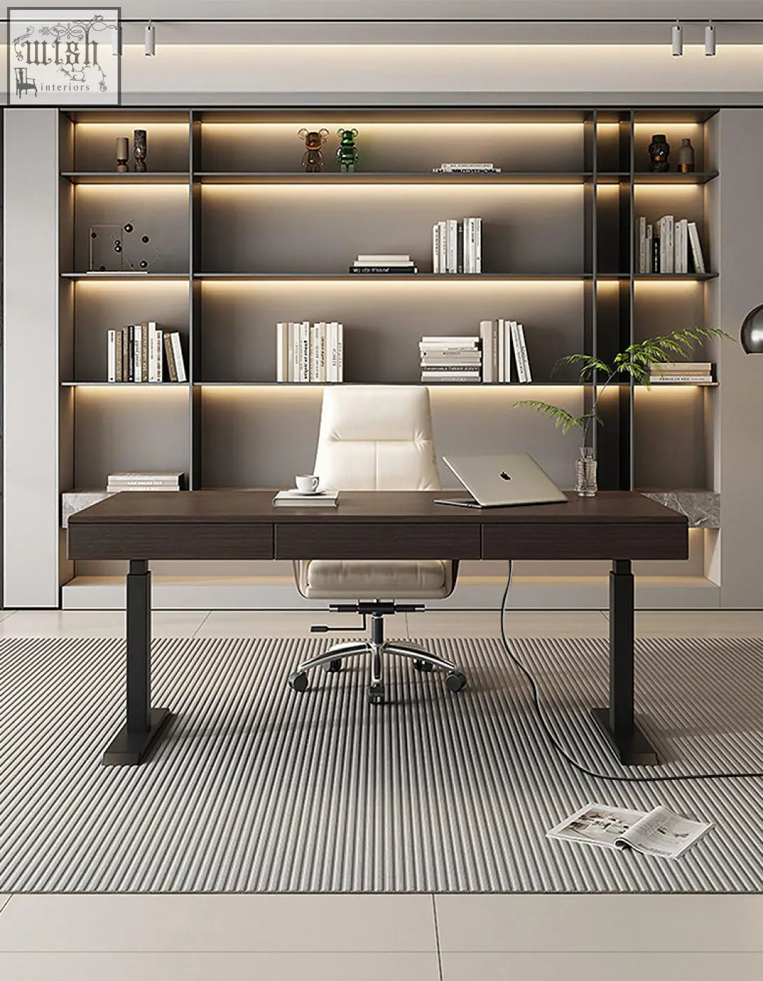 Dark wood zain electric standing office desk with black metal legs and two drawers in front of built-in shelving unit