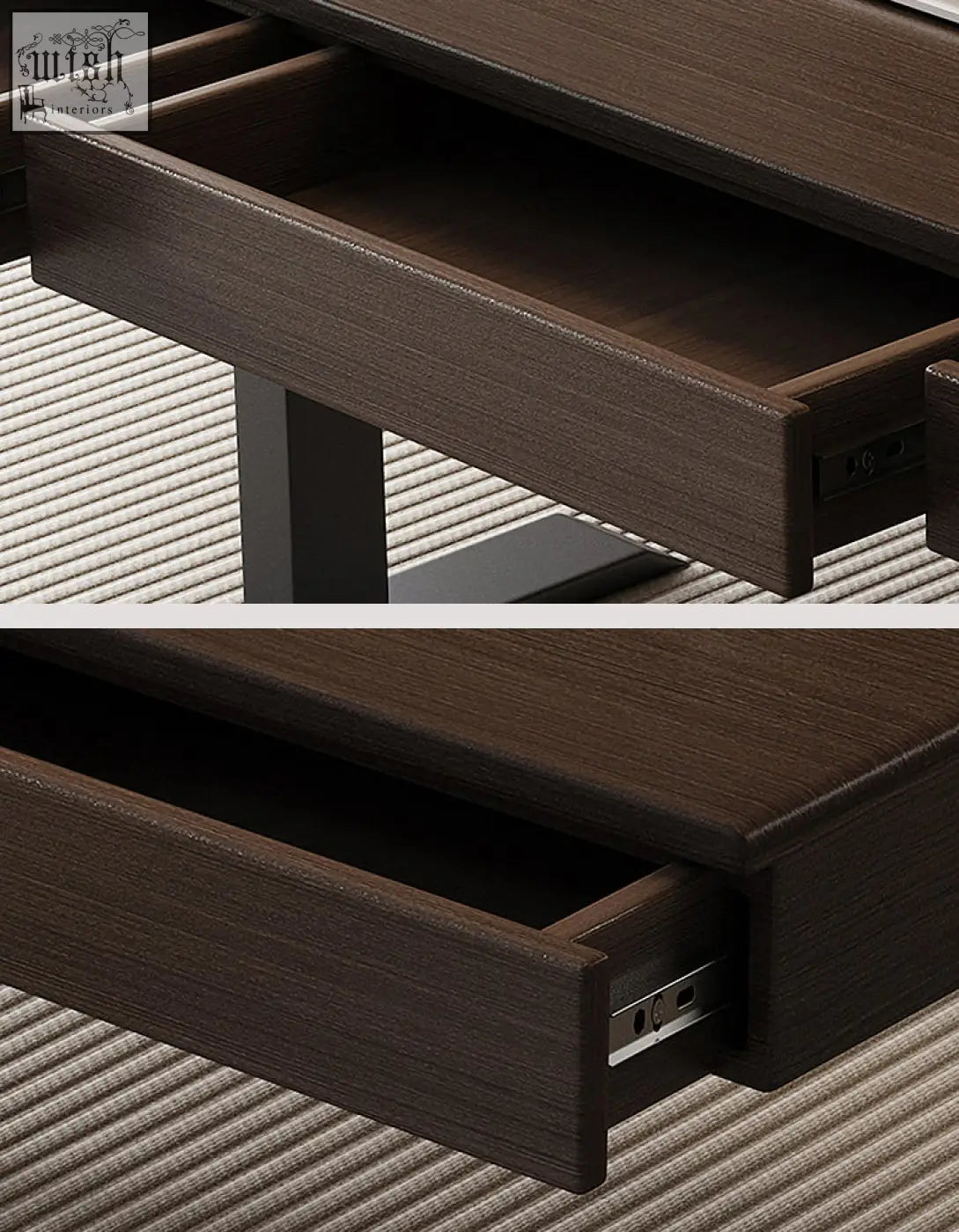 Dark brown solid wood drawer with metal slide in zain electric standing office desk with storage design