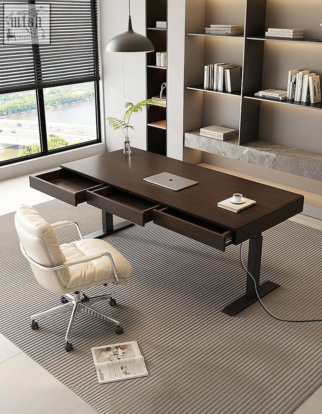 Dark wood zain electric standing office desk with storage and solid wood top and black metal legs