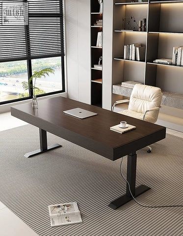 Modern dark wood finish zain electric standing office desk with solid wood top and sleek black metal legs adjustable height