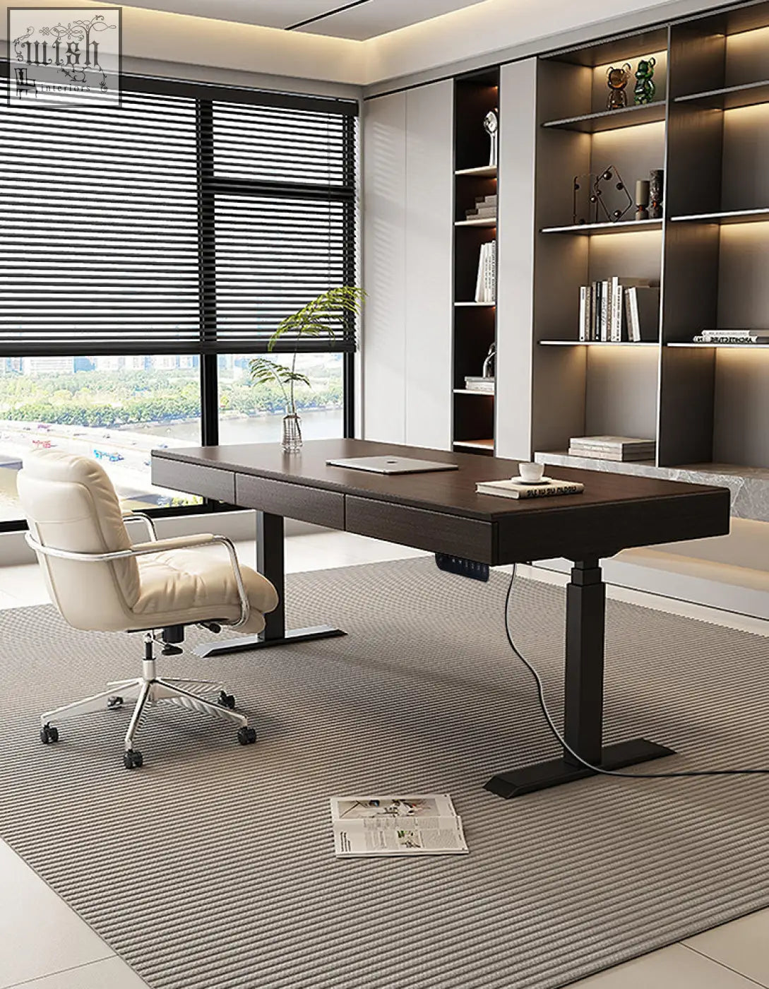 Modern dark wood zain electric standing office desk with sleek black metal legs and solid wood storage design