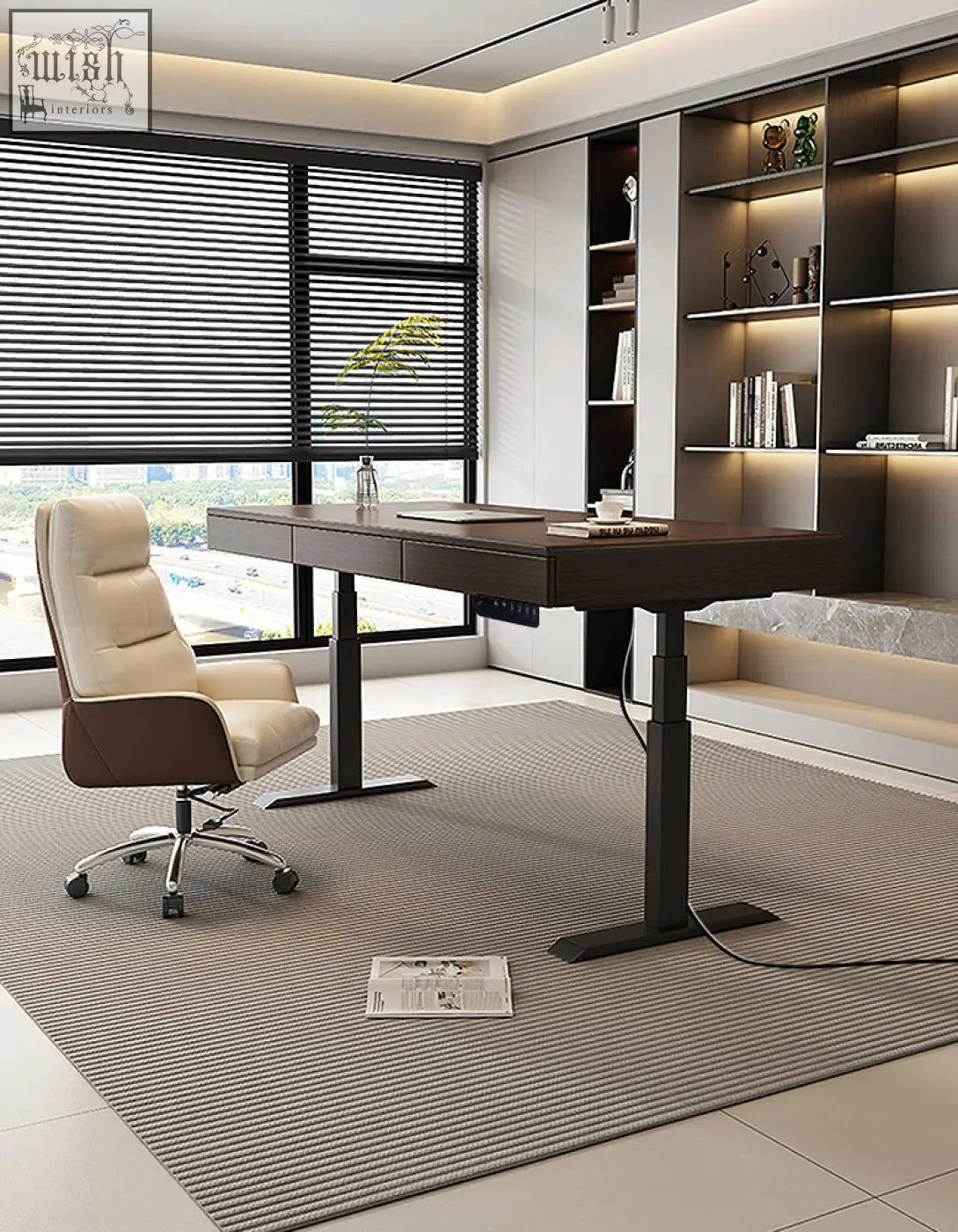 Modern dark wood zain electric standing office desk with sleek black metal legs and integrated power controls