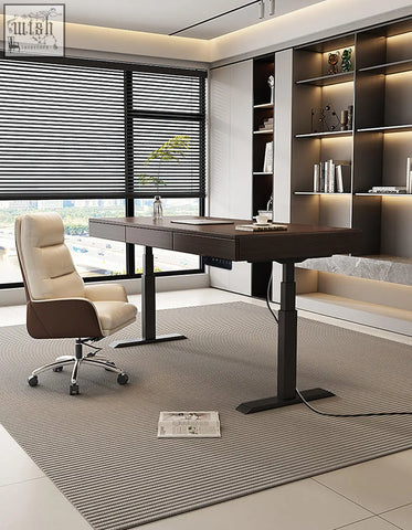 Modern dark wood zain electric standing office desk with sleek black metal legs and integrated power controls