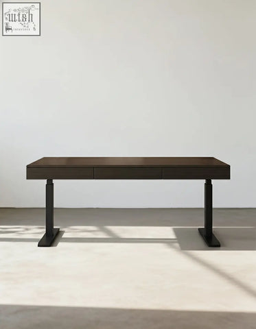 Modern dark wood zain electric standing office desk with two drawers and sleek black metal legs for solid wood storage