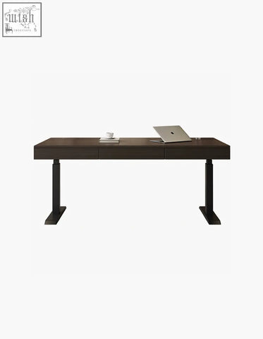 Modern dark wood zain electric standing office desk with sleek black legs and three drawers for storage
