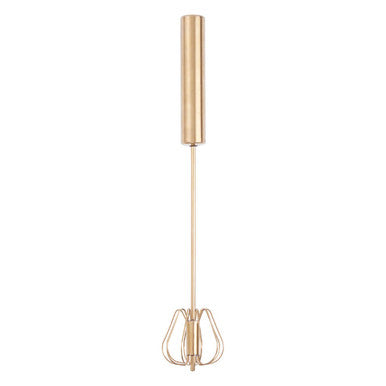 Zamin press and spin light gold 35cm whisk is a sleek metal hand mixer with a long handle and three-pronged whisk