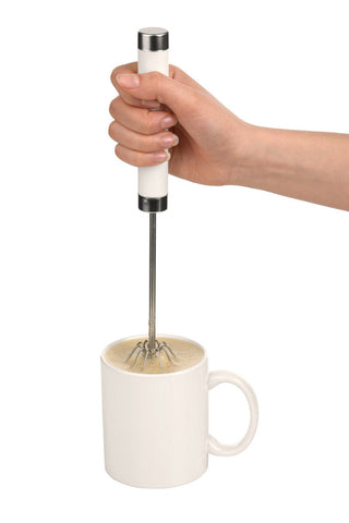 White handheld milk frother from zamin set of 2 press and spin whisks with stainless steel tip and silver accents
