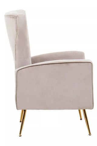 Beige zamora mink velvet accent chair with slender gold finish legs perfect for stylish living spaces