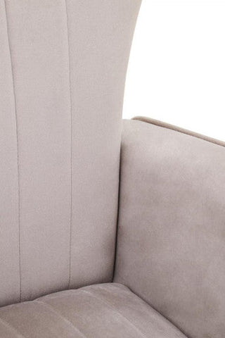Beige zamora mink velvet accent chair with vertical stitched panels and gold finish legs for stylish comfort