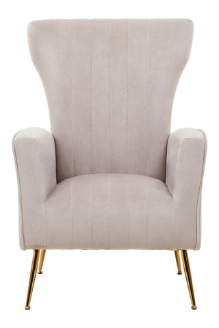 Beige mink velvet accent chair with high back and gold finish metal legs perfect for stylish seating