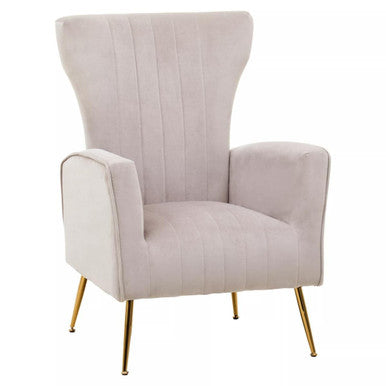 A plush light gray zamora mink velvet accent chair with tall back and gold finish velvet accent chair legs