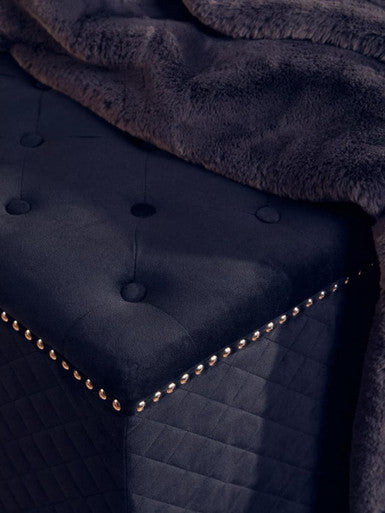 Dark navy velvet tufted zamora square black velvet ottoman with gold nailhead trim and storage space
