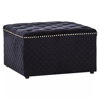 Zamora square black velvet ottoman with tufted top diamond-quilted sides and silver nailhead trim