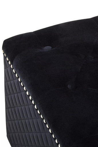 Zamora square black velvet ottoman in black velvet with tufted top quilted sides and silver nailhead trim