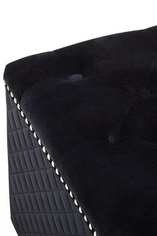 Zamora square black velvet ottoman in black velvet with tufted top quilted sides and silver nailhead trim