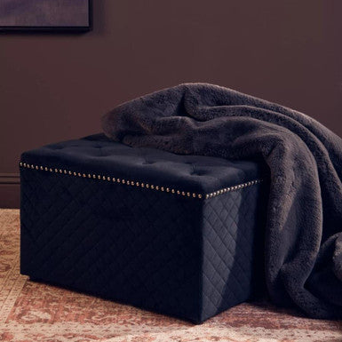 Black velvet zamora square black tufted storage bench with quilted fabric and silver nailhead trim ottoman