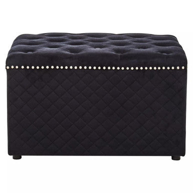 Black velvet zamora square black tufted storage bench with diamond quilted upholstery and silver nailhead trim