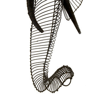 Black wire-wrapped seahorse wall art with intricate design inspired by zania elephant head sculpture