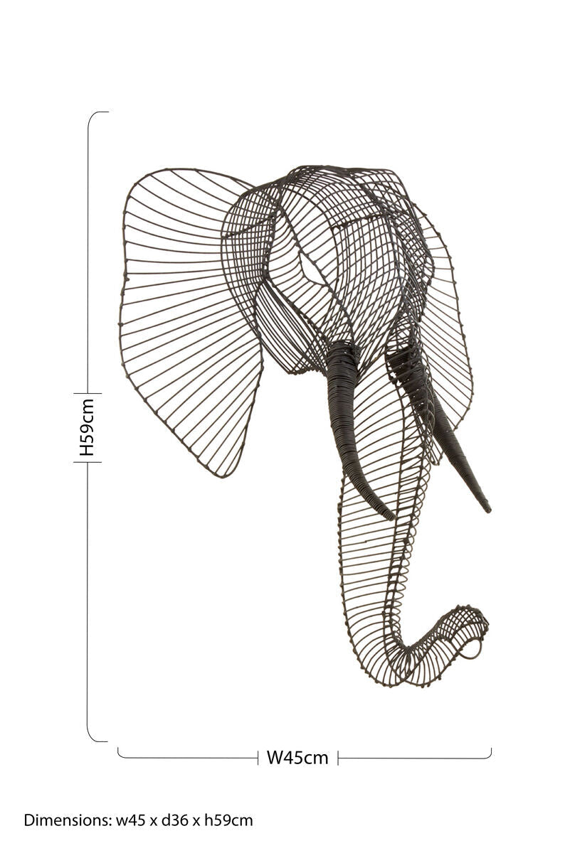 Black wireframe zania elephant head wall sculpture showcasing modern elephant head design and geometric style