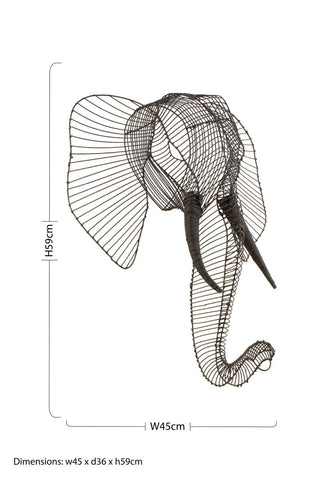 Black wireframe zania elephant head wall sculpture showcasing modern elephant head design and geometric style