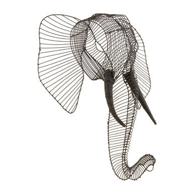 Black wireframe zania elephant head sculpture with intricate mesh detailing and curved tusks wall decor elephant head